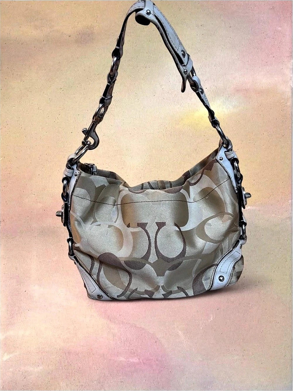 Coach Signature C Hobo Shoulder Bag Monogram Shoulder Bag in Brown & White